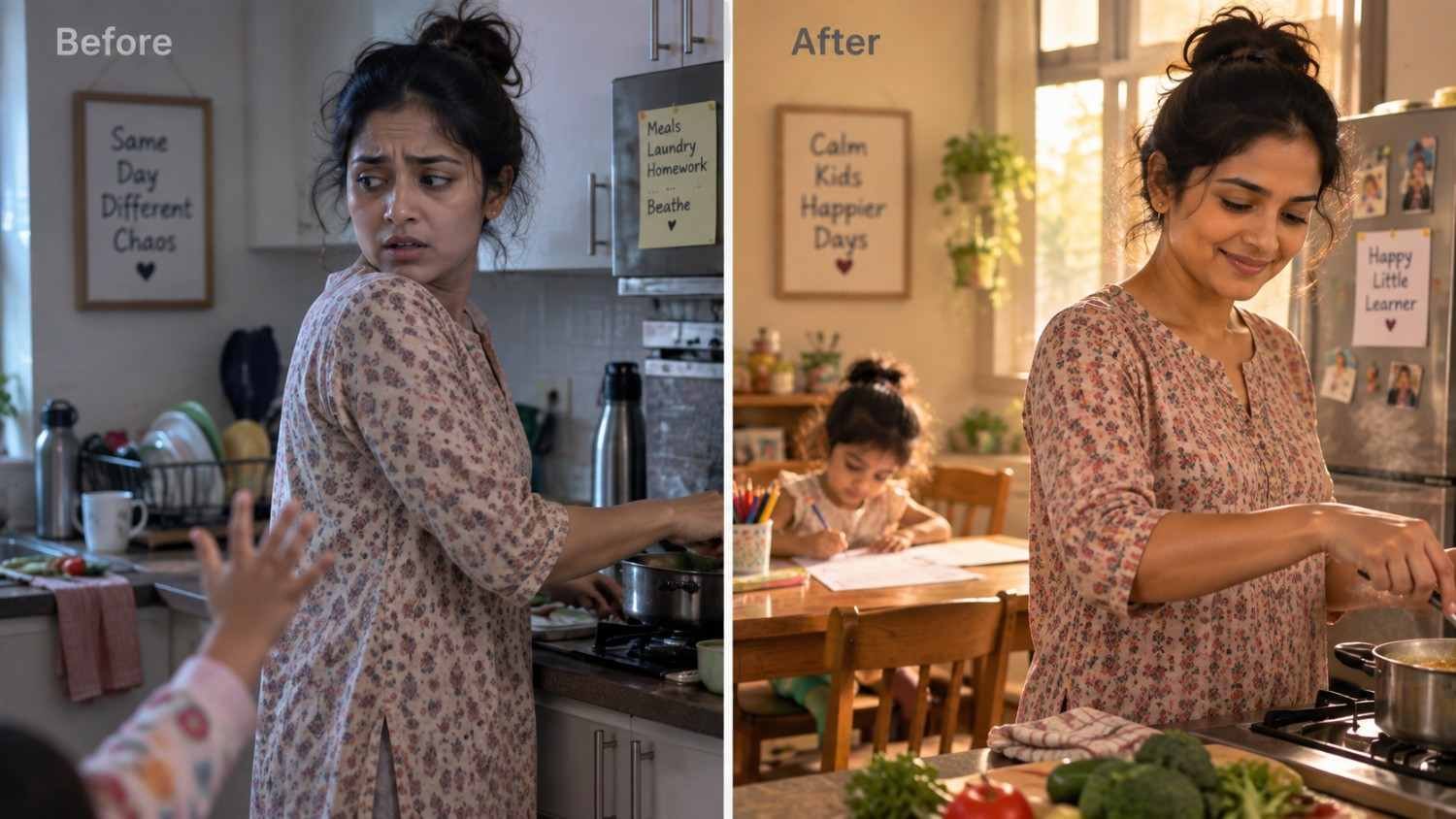 Before: a stressed mother cooking while a child pulls at her. After: the mother cooking calmly while the child works on a worksheet at the table