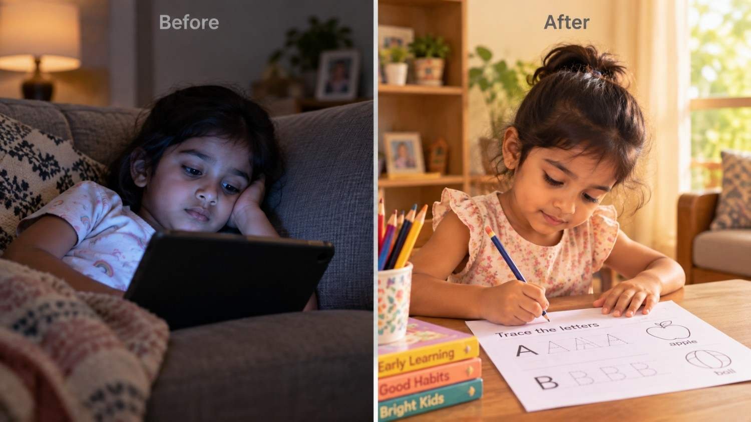Before: a child slumped watching a screen. After: the same child tracing letters at a sunlit table