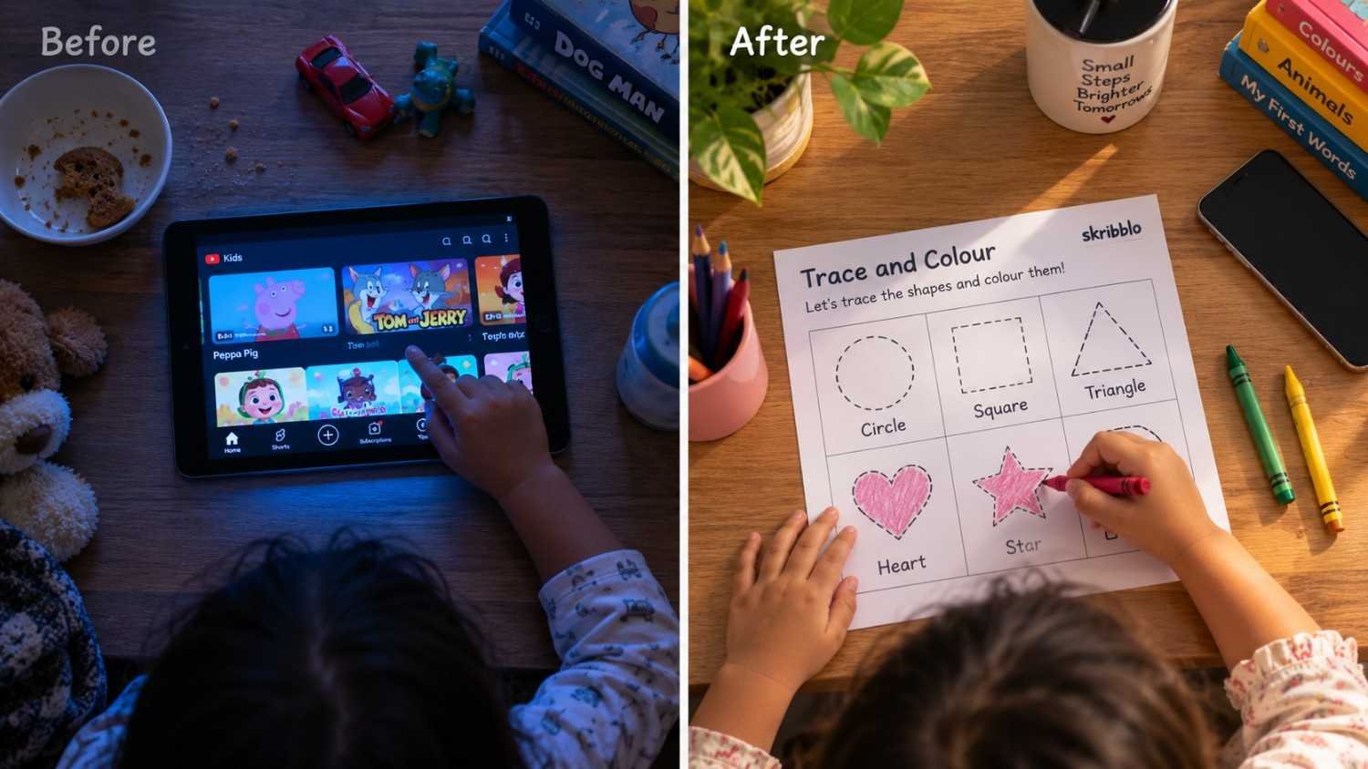 Before: a child scrolling videos on a tablet. After: the same child colouring a printed shapes worksheet