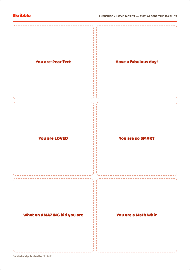 Printable lunchbox love notes