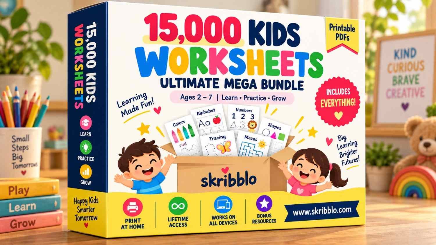 The Skribblo 15,000 worksheets bundle box on a bright desk