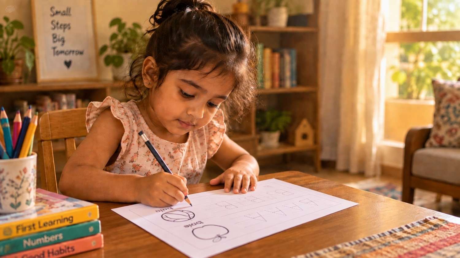 A young girl tracing letters on a printed worksheet