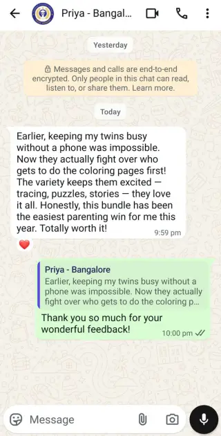 WhatsApp message from a parent in Bangalore