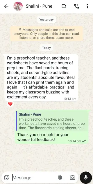 WhatsApp message from a preschool teacher in Pune